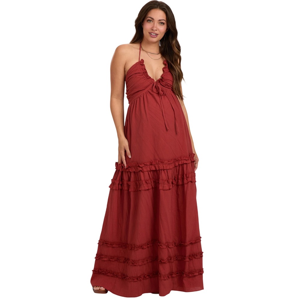 Baltic Born Rust Red Ruffle Tiered Maxi Dress Open Back Boho Summer Medium
